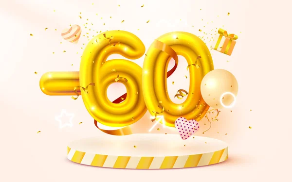 60 Off. Sconto composizione creativa. 3d Simbolo di vendita dorato con oggetti decorativi, palloncini a forma di cuore, coriandoli dorati, podio e confezione regalo. Vendita banner e poster. Vettore — Vettoriale Stock