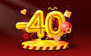 Kırk indirim. Yaratıcı kompozisyon indirimi. 3D Altın Satış sembolü, dekoratif nesneler, kalp şeklinde balonlar, altın konfeti, podyum ve hediye kutusu. Satış afişi ve poster. Vektör