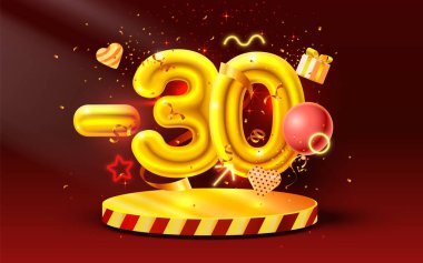 30 indirim. Yaratıcı kompozisyon indirimi. 3D Altın Satış sembolü, dekoratif nesneler, kalp şeklinde balonlar, altın konfeti, podyum ve hediye kutusu. Satış afişi ve poster. Vektör