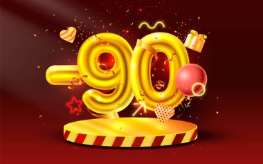 90 Off. Yaratıcı kompozisyon indirimi. 3D Altın Satış sembolü, dekoratif nesneler, kalp şeklinde balonlar, altın konfeti, podyum ve hediye kutusu. Satış afişi ve poster. Vektör