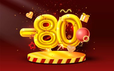 80 indirim. Yaratıcı kompozisyon indirimi. 3D Altın Satış sembolü, dekoratif nesneler, kalp şeklinde balonlar, altın konfeti, podyum ve hediye kutusu. Satış afişi ve poster. Vektör