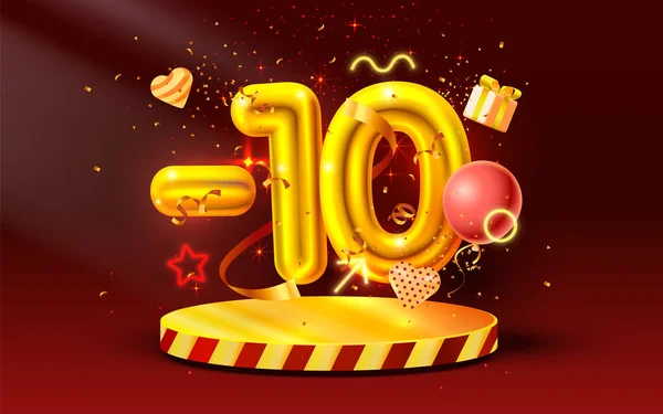 10 Off. Έκπτωση δημιουργική σύνθεση. 3D Χρυσό σύμβολο πώλησης με διακοσμητικά αντικείμενα, μπαλόνια σε σχήμα καρδιάς, χρυσά κομφετί, βάθρο και κουτί δώρου. Πωλούν πανό και αφίσα. Διάνυσμα — Διανυσματικό Αρχείο