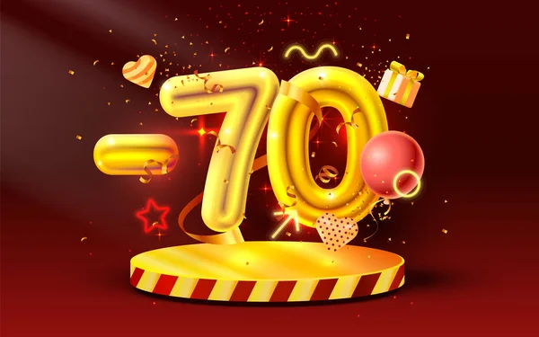 70 uit. Korting creatieve compositie. 3d Golden sale symbool met decoratieve objecten, hartvormige ballonnen, gouden confetti, podium en geschenkdoos. Verkoop banner en poster. Vector — Stockvector