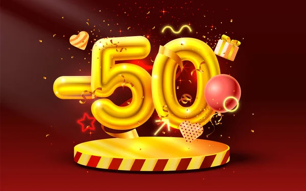 50 de moins. Réduction composition créative. Symbole de vente en or 3d avec objets décoratifs, ballons en forme de coeur, confettis dorés, podium et coffret cadeau. Vente bannière et affiche. Vecteur — Image vectorielle