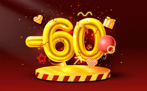 60 de descuento. Descuento composición creativa. 3d símbolo de venta de oro con objetos decorativos, globos en forma de corazón, confeti de oro, podio y caja de regalo. Banner y póster de venta. Vector — Archivo Imágenes Vectoriales