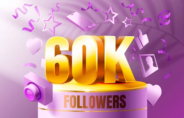 Σας ευχαριστώ followers λαοί, 60k σε απευθείας σύνδεση κοινωνική ομάδα, ευτυχής banner γιορτάσουν, Vector — Διανυσματικό Αρχείο