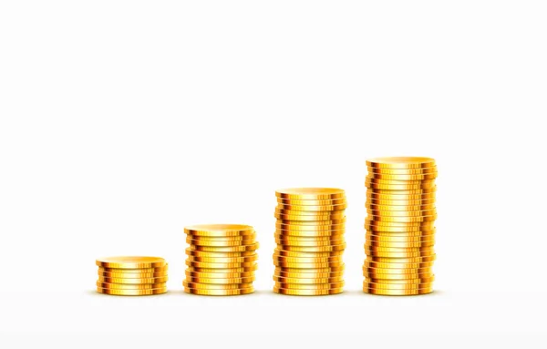 Montones de monedas de oro en aumento sobre fondo blanco. Vector — Vector de stock