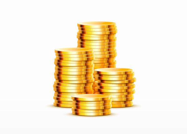Stacks of increasing coins gold coins on white background. Vector