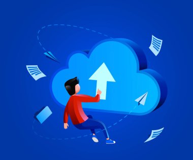 İnsanlar bulut işaretinin etrafında uçar. Sunucu, bulut depolama veya veri indirme kavramı.