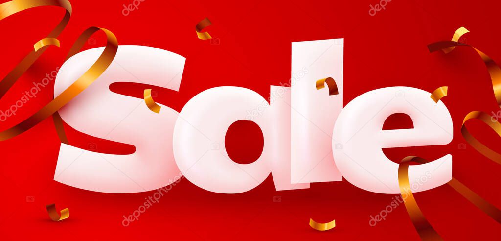 Great discount. Mega sale banner or poster design on bright red background. Sale word composition with confetti.