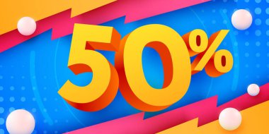 Yüzde 50 indirim. Yaratıcı kompozisyon indirimi. Dekoratif nesnelerin olduğu 3D mega satış sembolü. Satış afişi ve poster.