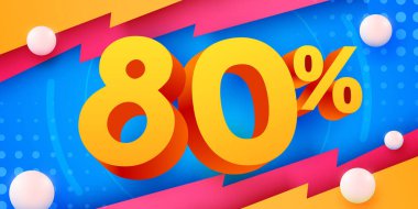 Yüzde 80 indirim. Yaratıcı kompozisyon indirimi. Dekoratif nesnelerin olduğu 3D mega satış sembolü. Satış afişi ve poster.