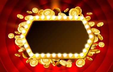 Kumarhane lambası çerçevesi altın gerçekçi 3 boyutlu madeni paralarla donatılmış. Vektör