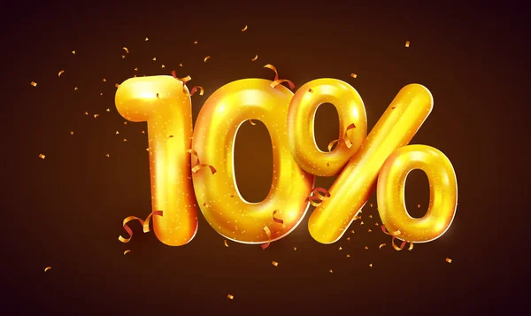 Sconto del 10%. Sconto composizione creativa di palloncini d'oro. 3d mega vendita o il dieci per cento di bonus simbolo con coriandoli. Vendita banner e poster. — Vettoriale Stock