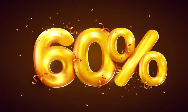 60% έκπτωση. Έκπτωση δημιουργική σύνθεση από χρυσά μπαλόνια. 3D mega πώληση ή εξήντα τοις εκατό σύμβολο μπόνους με κομφετί. Πώληση πανό και αφίσα. — Διανυσματικό Αρχείο