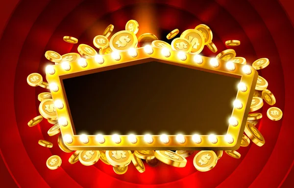 Casino lamp frame met goud realistische 3D munten achtergrond. Vector — Stockvector