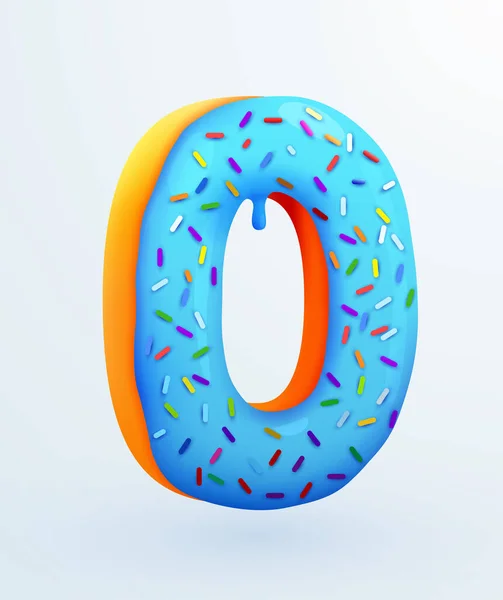 Geglazuurde donut lettertype. Nummer 0. Nummer nul taart. Dessert stijl. Verzameling van smakelijke bakkerijnummers met room. Verjaardag en verjaardagsconcept. — Stockvector