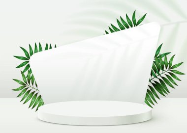 Soyut ekolojik sahne arkaplanı. Beyaz arka planda yaprakları olan silindir podyum. Ürün sunumu, modelleme, doğal kozmetik ürünü. Podyum, sahne kaidesi veya platformu.