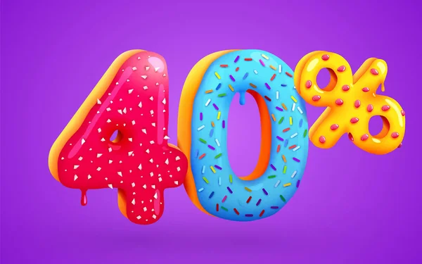 40% taniej. Zniżka na deser. 3D mega symbol wyprzedaży z latającymi numerami słodkich pączków. Baner lub plakat sprzedaży. — Wektor stockowy