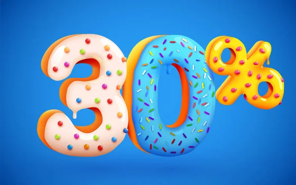 30% de desconto. Composição de sobremesa de desconto. 3d mega símbolo de venda com números de donut doce voador. Banner de venda ou cartaz. —  Vetores de Stock