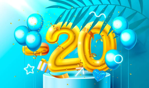 20 Off. Réduction composition créative. Symbole de vente en or 3d avec objets décoratifs, ballons en forme de coeur, confettis dorés, podium et coffret cadeau. Vente bannière et affiche. Vecteur — Image vectorielle