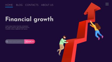 İnsanlar yükselen okun etrafında uçar. Yatırım, kâr ve finansal başarı. Web sitesi iniş sayfası şablonu.