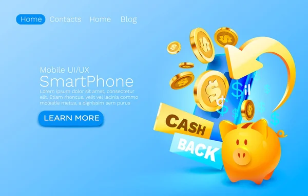 Servizio mobile cash back, pagamento finanziario Smartphone schermo mobile, tecnologia mobile display light. Vettore — Vettoriale Stock