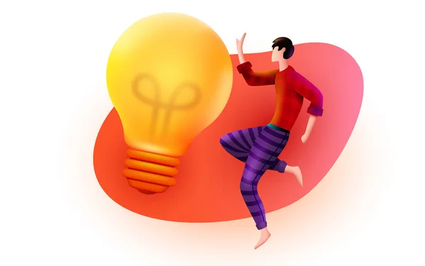 L'uomo vola intorno a una lampadina. Innovazione, Brainstorming e Idea creativa. — Vettoriale Stock