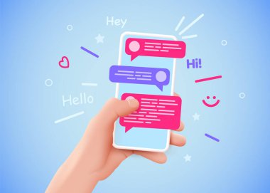 Mesajlarla el ele tutuşarak. İletişim ve sosyal ağ konsepti. Vektör illüstrasyonu