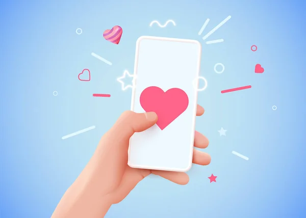 Hand holding phone with heart symbol. Social networking concept. — Stock Vector