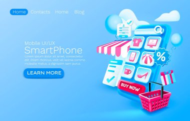 Smartphone alışveriş uygulaması pankartı konsepti, metin konsepti, online başvuru mağazası satın alma, mobil yetki servisi. Vektör