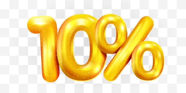 Sconto del 10%. Sconto composizione creativa di palloncini d'oro. 3d mega vendita o dieci per cento simbolo bonus su sfondo trasparente. Vendita banner e poster. — Vettoriale Stock
