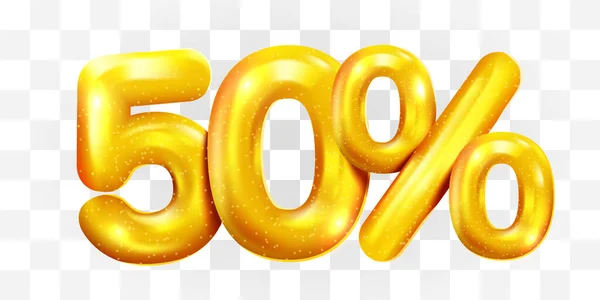 50% sleva. Diskontovat kreativní složení zlatých balónků. 3d mega prodej nebo 50% bonus symbol na průhledném pozadí. Nápis a plakát - prodej. — Stockový vektor