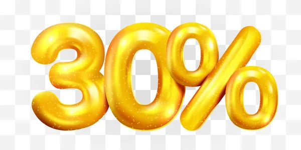 30 percent Off. Discount creative composition of golden balloons. 3d mega sale or thirty percent bonus symbol on transparent background. Sale banner and poster. — 스톡 벡터