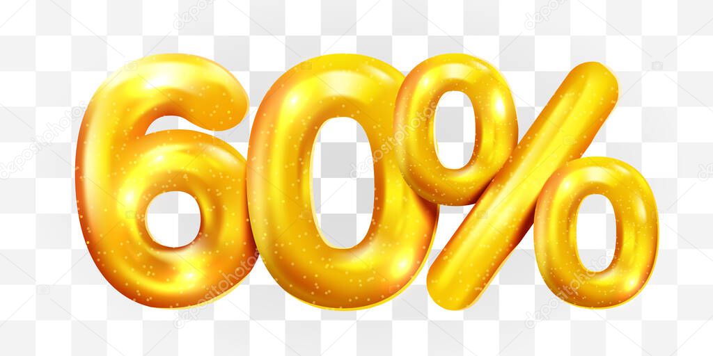 60 percent Off. Discount creative composition of golden balloons. 3d mega sale or sixty percent bonus symbol on transparent background. Sale banner and poster.