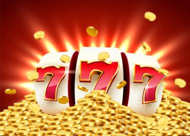 Altın kumar makinesi ikramiyeyi kazandı. 777 Büyük Kazanç konsepti. Kumarhane ikramiyesi.