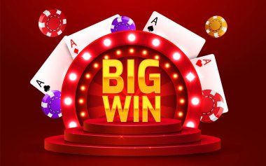 Altın gerçekçi 3D madeni paralarla büyük galibiyet işareti. Büyük ikramiye konsepti.