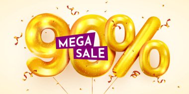 Yüzde 90 indirim. Altın balonların yaratıcı kompozisyonu indirimli. 3D mega satış ya da konfeti ile yüzde doksan bonus sembol. Satış afişi ve poster.
