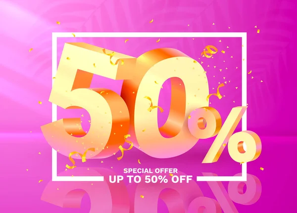 50 di sconto. Sconto composizione creativa. 3d Simbolo di vendita dorato con oggetti decorativi, confetti dorati. Vendita banner e poster. Vettore — Vettoriale Stock