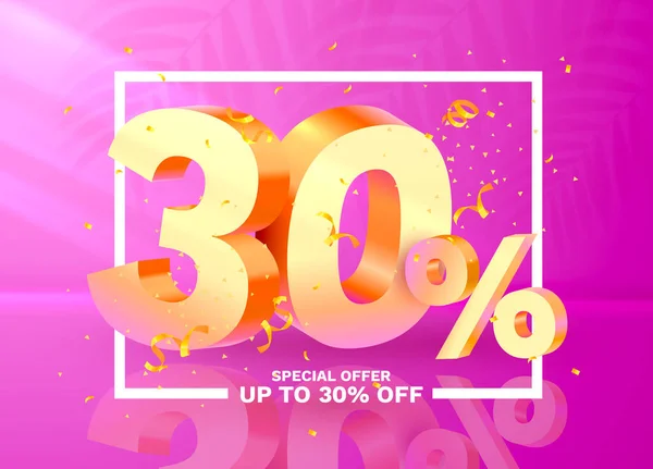 30 Off. Discount creative composition. 3d Golden sale symbol with decorative objects, golden confetti. Sale banner and poster. Vector — ストックベクタ