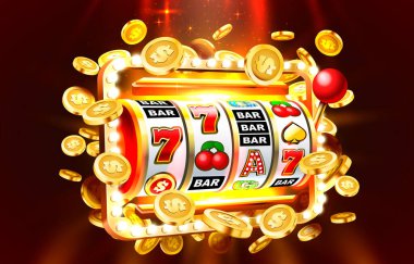 Slot 777 afişi, altın sikke ikramiyesi, Casino 3D kapağı, kumar makineleri. Vektör