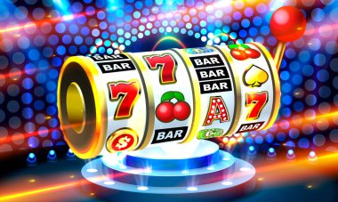 Slot 777 afişi, altın sikke ikramiyesi, Casino 3D kapağı, kumar makineleri. Vektör