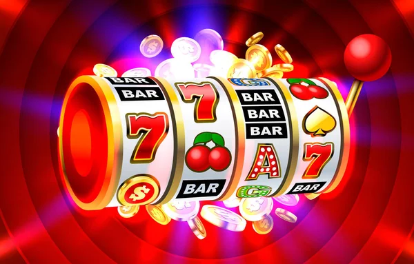 Ranuras 777 banner, monedas de oro jackpot, Casino 3d cubierta, máquinas tragamonedas. Vector — Archivo Imágenes Vectoriales