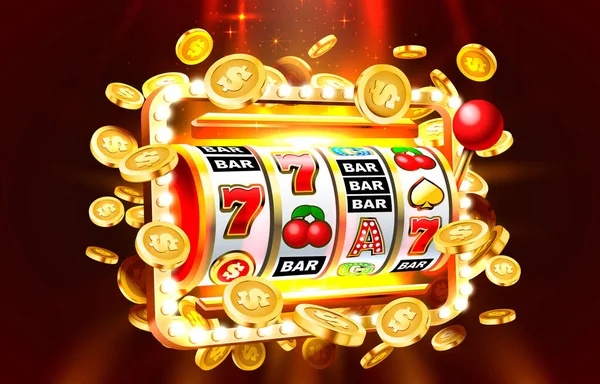 Ranuras 777 banner, monedas de oro jackpot, Casino 3d cubierta, máquinas tragamonedas. Vector — Vector de stock