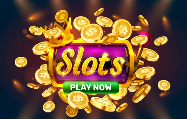 Játssz most rések arany érmék, kaszinó nyerőgép, éjszakai jackpot Vegas. Vektor — Stock Vector