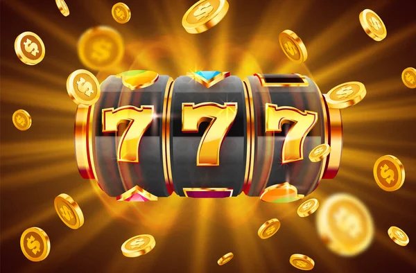 A máquina de fenda de ouro ganha o total de apostas num jogo. 777 Conceito de grande vitória. Jackpot do casino. — Vetor de Stock