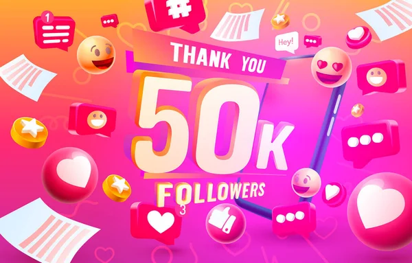 Obrigado seguidores povos, 50k grupo social on-line, feliz banner comemorar, Vector —  Vetores de Stock