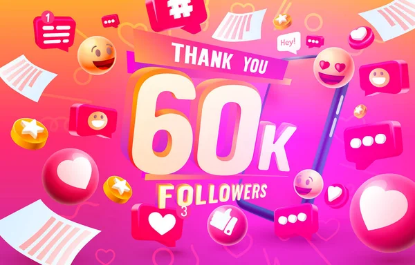 Merci les gens suiveurs, 60k groupe social en ligne, joyeuse bannière célébrer, vecteur — Image vectorielle