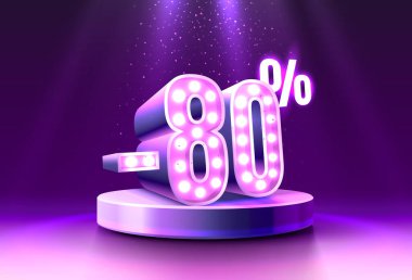 80 indirim. Yaratıcı kompozisyon indirimi. 3D satış sembolü, neon podyum hediye kutusu. Satış afişi ve poster. Vektör