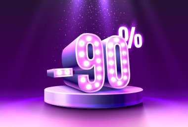 90 Off. Yaratıcı kompozisyon indirimi. 3D satış sembolü, neon podyum hediye kutusu. Satış afişi ve poster. Vektör
